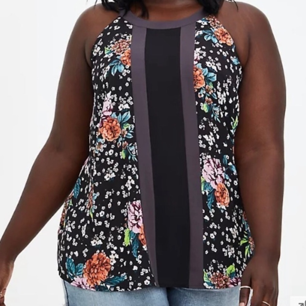 Torrid Lightweight Floral Print Tank Top Size 2X Flowy Feminine Black High Neck